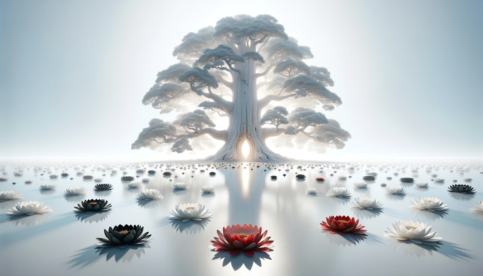 DALL·E 2024-01-01 14.30.08 - A serene, white-themed landscape on a very wide canvas. The ground is made of milky white water, with a black lotus, a white lotus, and a red lotus el